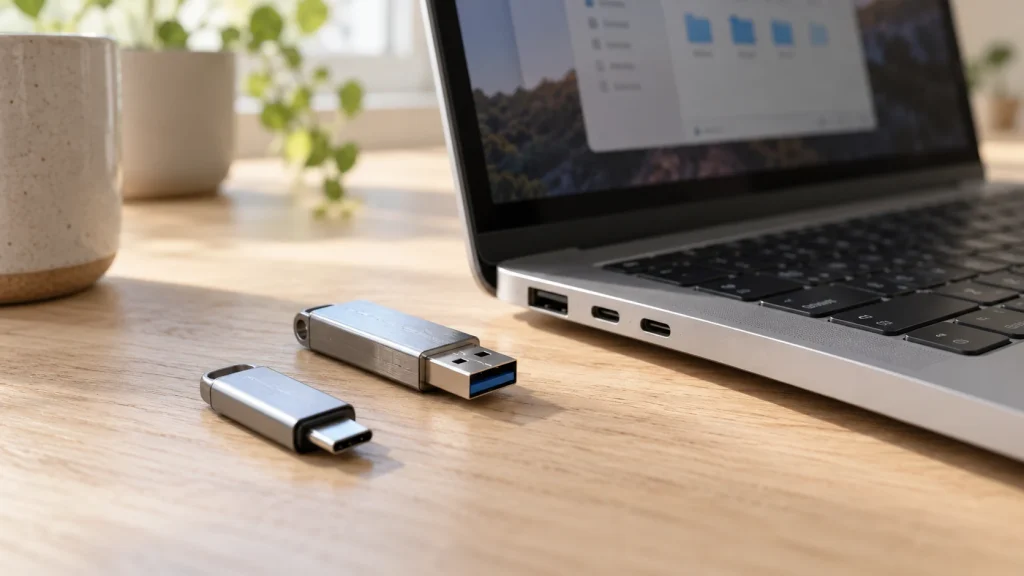 Флешки USB-A и USB-C рядом с ноутбуком