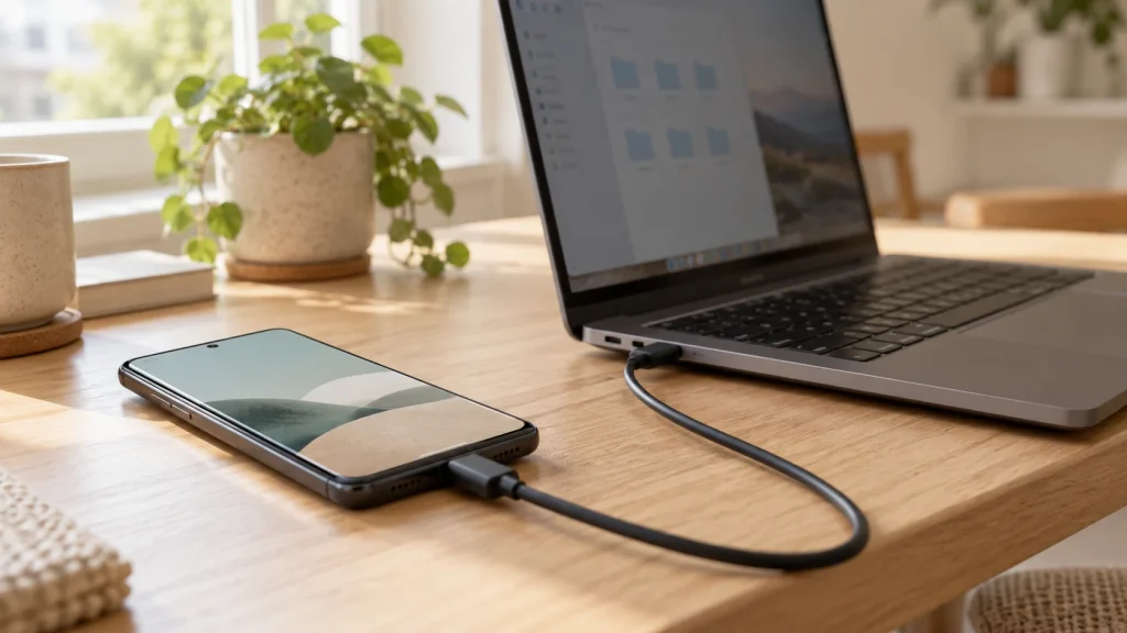 Смартфон Android подключён USB-кабелем к ноутбуку на светлом столе